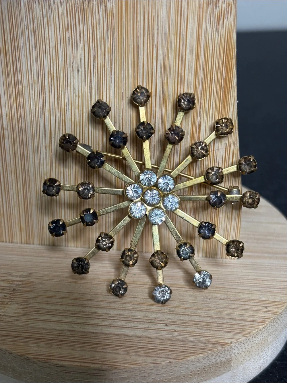Vintage Gold-Tone Crystal Starburst Brooch - Brown and Clear Stones